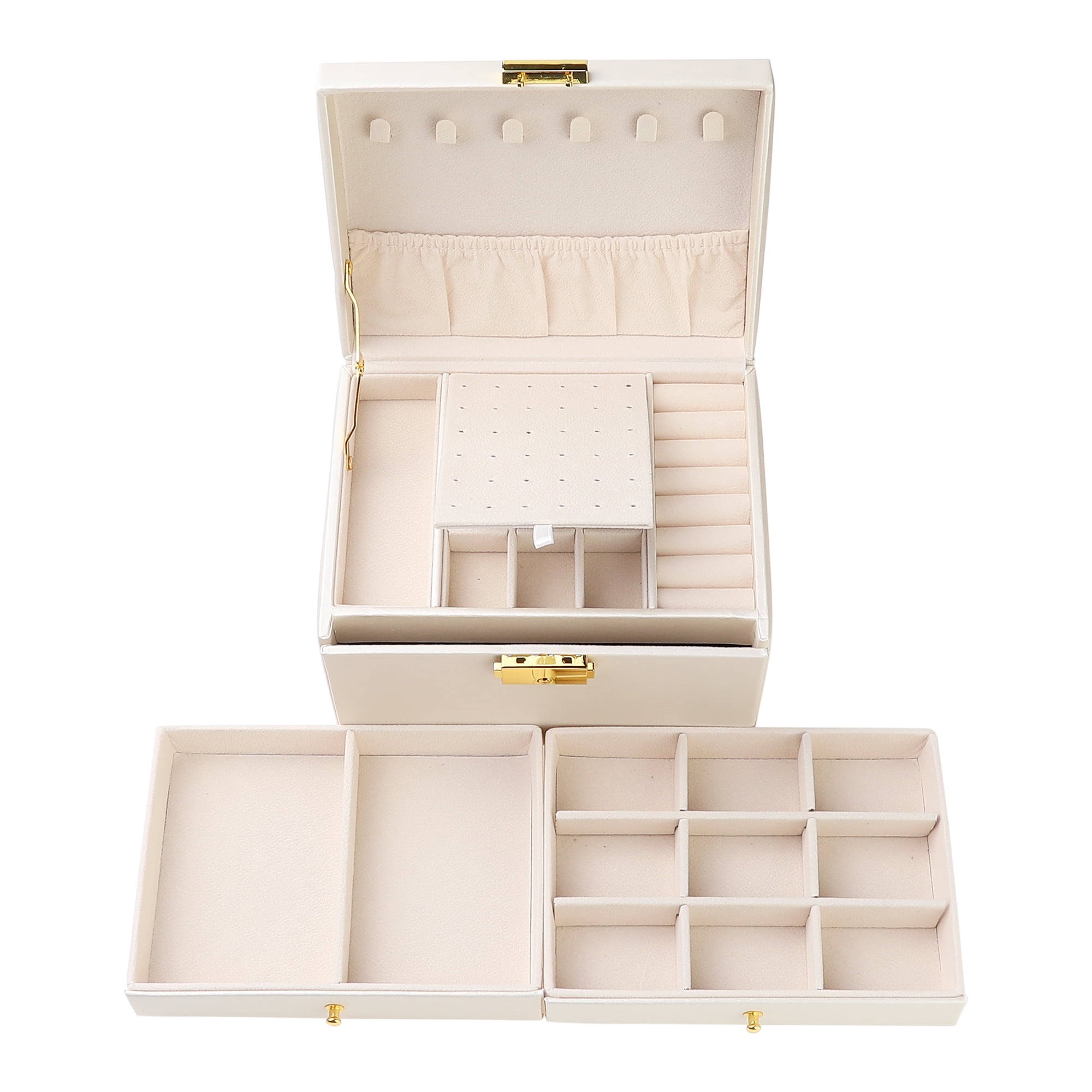 Unique Bargains 3 Layer Jewelry Box PU Leather Jewelry Organizer Case with Drawer White