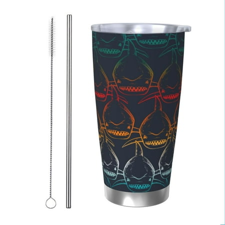 

KLL Cartoon Sharks Print 40oz Stainless Steel Insulated Car Cup with Spillproof Lid - Keep Your Drink Hot or Cold on the Go-Straw Two-piece Set