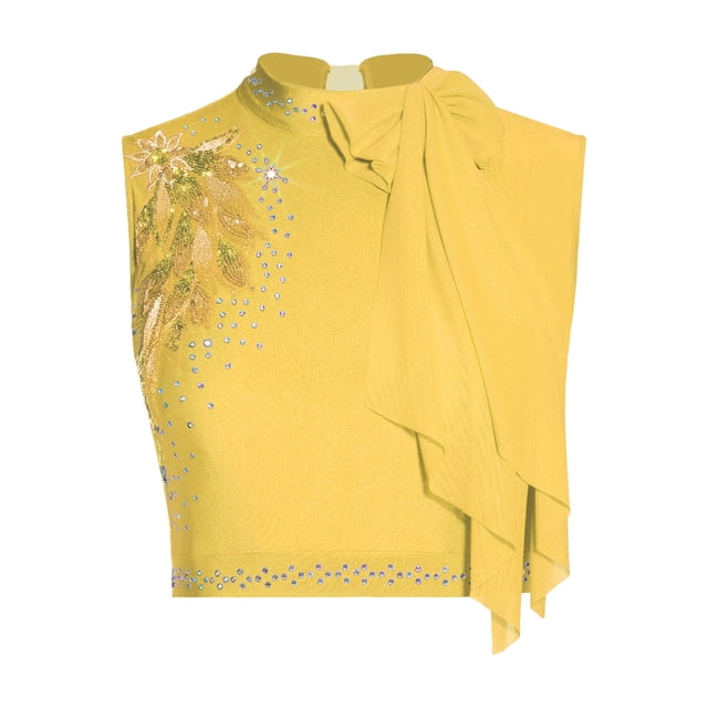 dPois Women's Lyrical Dance Crop Top Shiny Rhinestone Sleeveless Exquisite Embroidery Stage Performance Vest Yellow M
