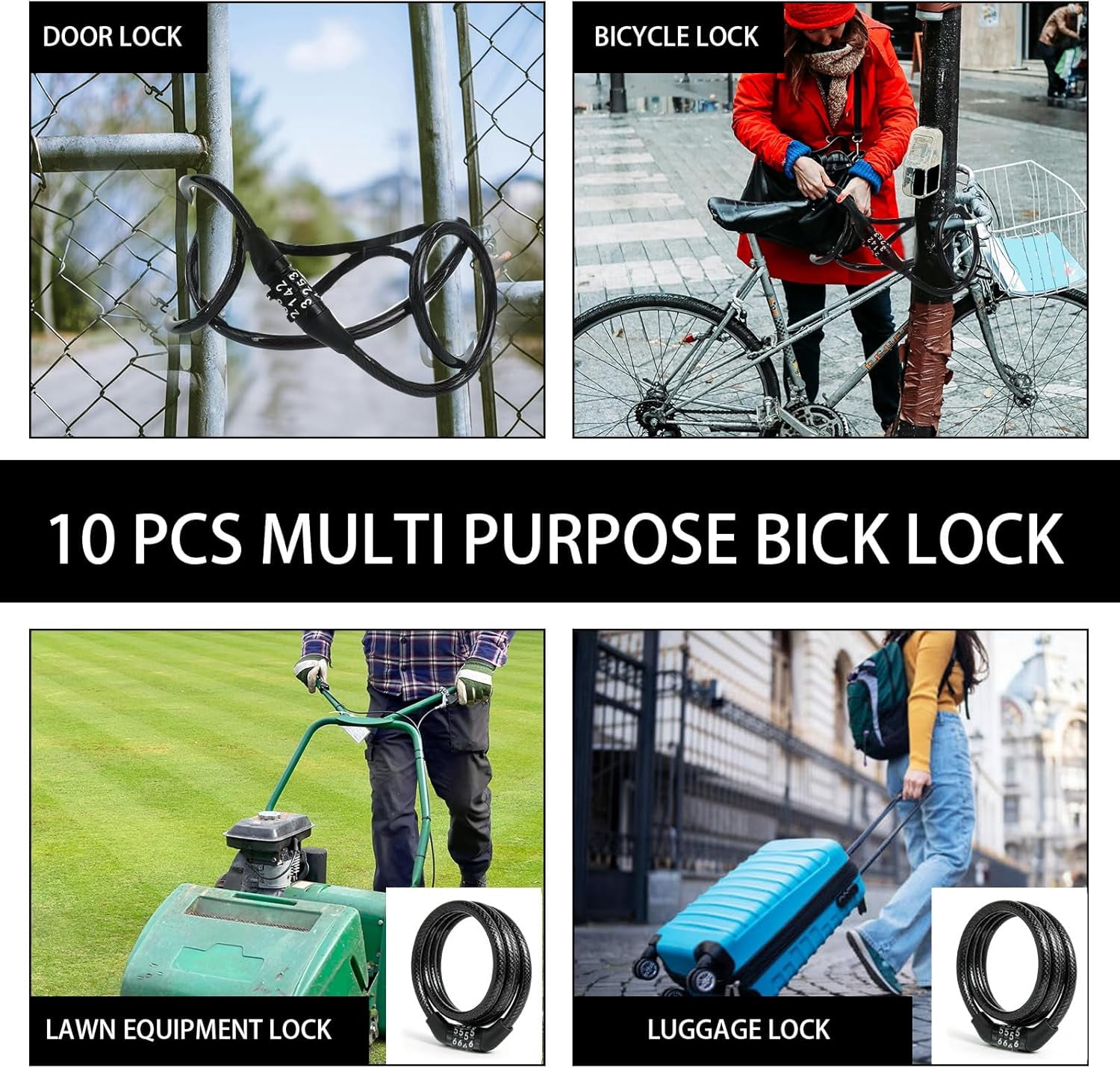 10 Pcs Bike Lock Cable with 4 Digit Combination 4.9 Feet Black Anti Theft Bike Cable Accessories Coiled Preset Bicycle Lock, 5/16 Inch Diameter