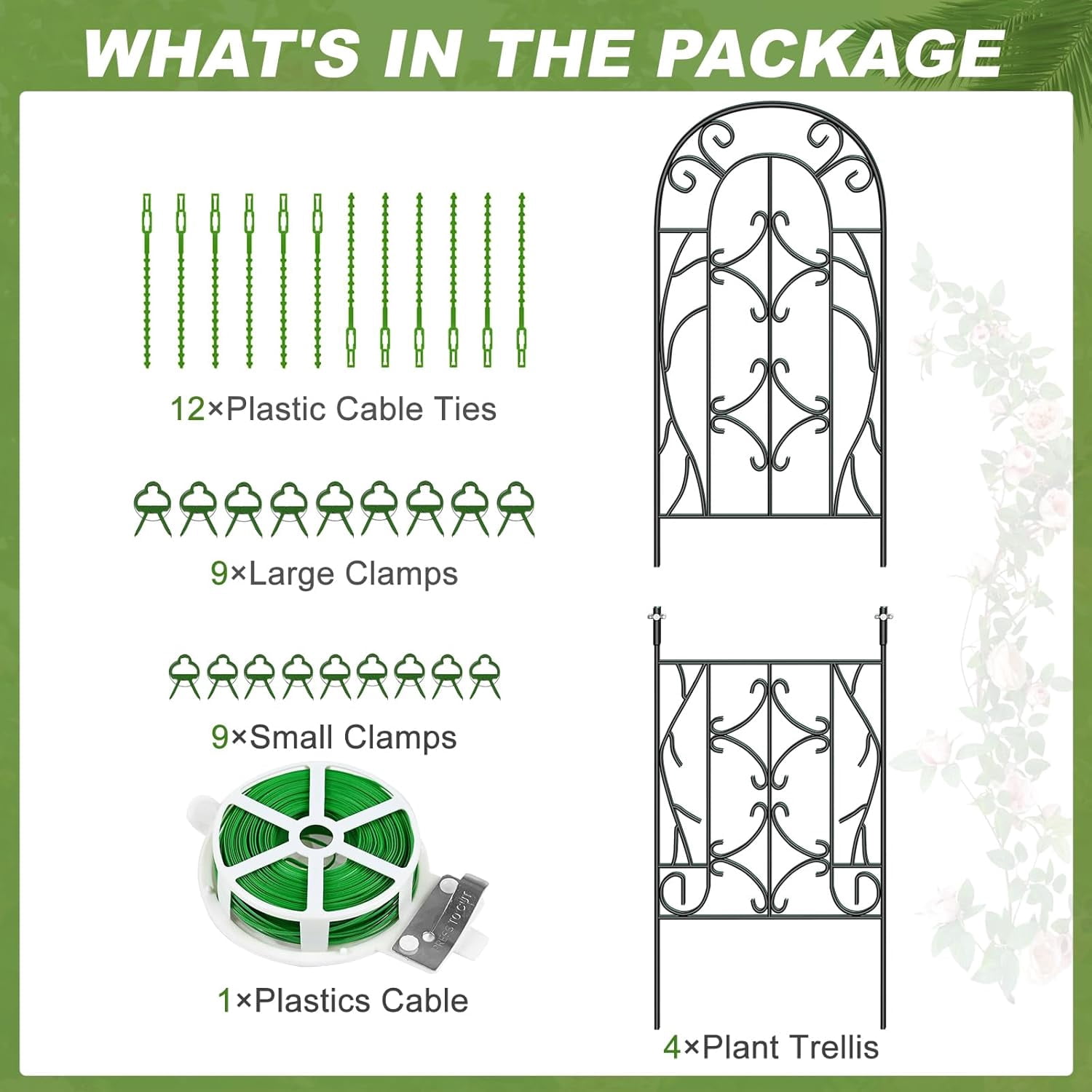 FICISOG 4 Pack 59x16in Metal Garden Trellis for Climbing Plants,Black Large Trellis for Climbing Plants Outdoor, Roses, Vegetables Vines Flowers Support, Large Decorative Outdoor Trellis