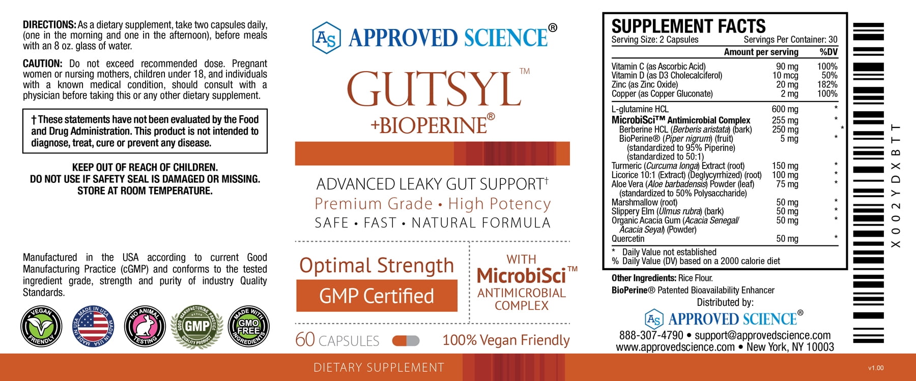 Approved Science Gutsyl - Leaky Gut Supplement - Protect GI Tract with Aloe Vera, Marshmallow Root, Licorice, and Slippery Elm - Contains Prebiotic and BioPerine - 60 Capsules - 100% Vegan