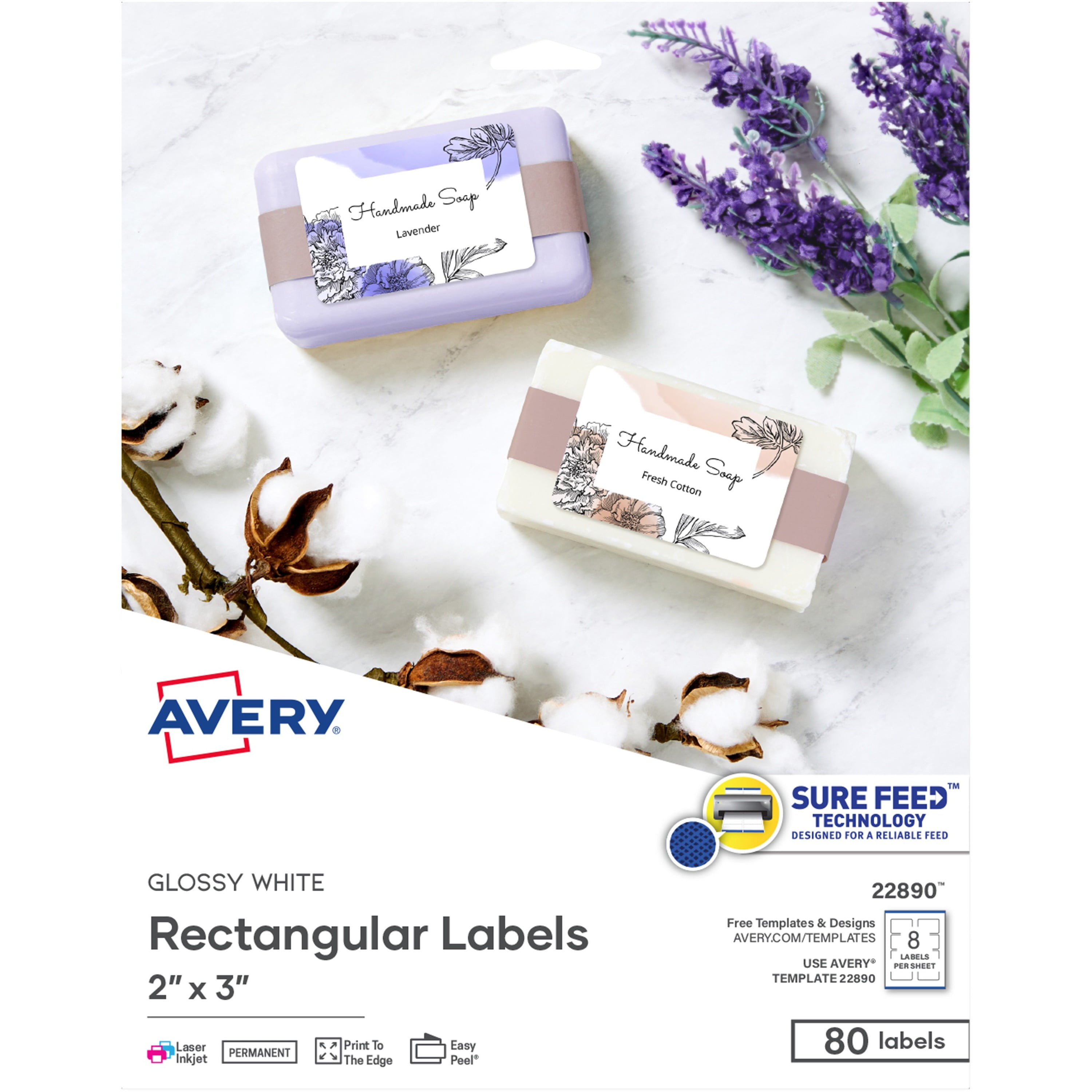 Avery Rectangle Labels, Glossy White, Sure Feed, 2" x 3", Laser/Inkjet, 80 Labels (22890)