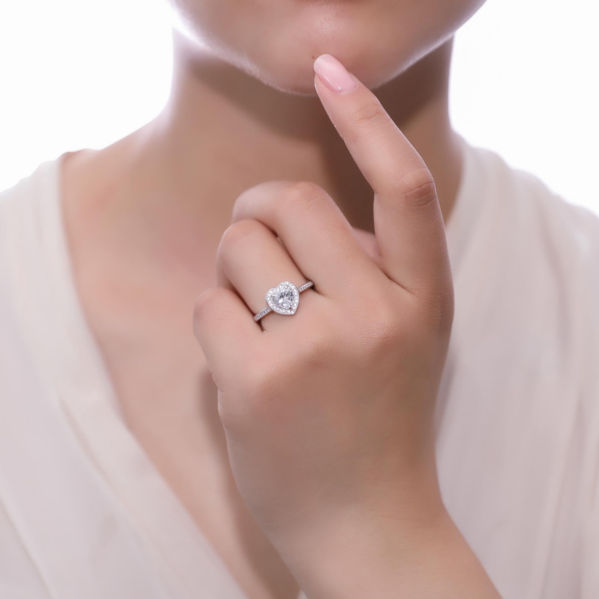BERRICLE Sterling Silver Halo Wedding Engagement Rings Heart Shaped Cubic Zirconia CZ Heart Promise Ring for Women, Rhodium Plated Size 5.5