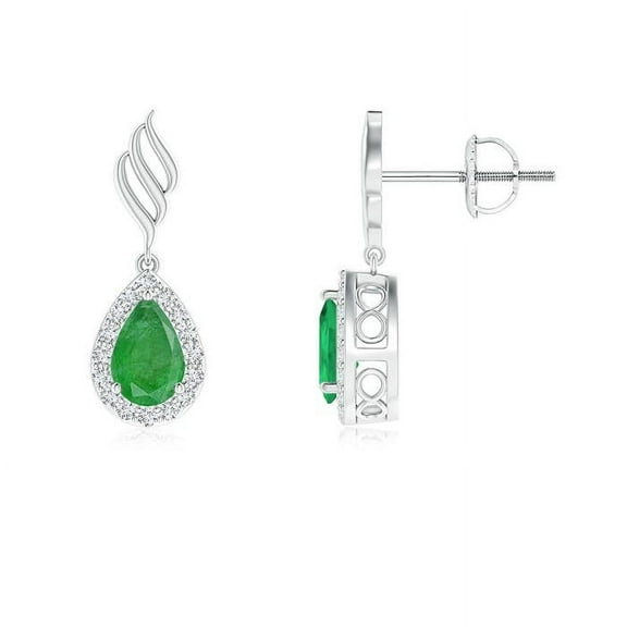 ANGARA Natural Pear Emerald Halo Drop Earrings with Trio Swirls in 14K White Gold for Women (Size-6x4mm) | May Birthstone, Birthday, Anniversary, Jewelry Gift for Women | Natural Emerald Earrings