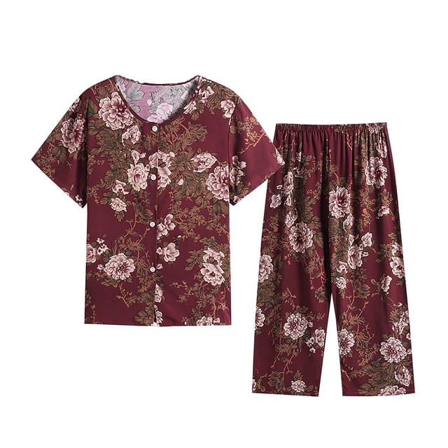 Tnhcen Ensemble de Pyjama d'Été pour Femmes en Lin 2 Pcs / Haut à Manches Courtes Boutonné Col Rond Imprimé Rétro + Pantalon Taille Élastique / TG-4TG