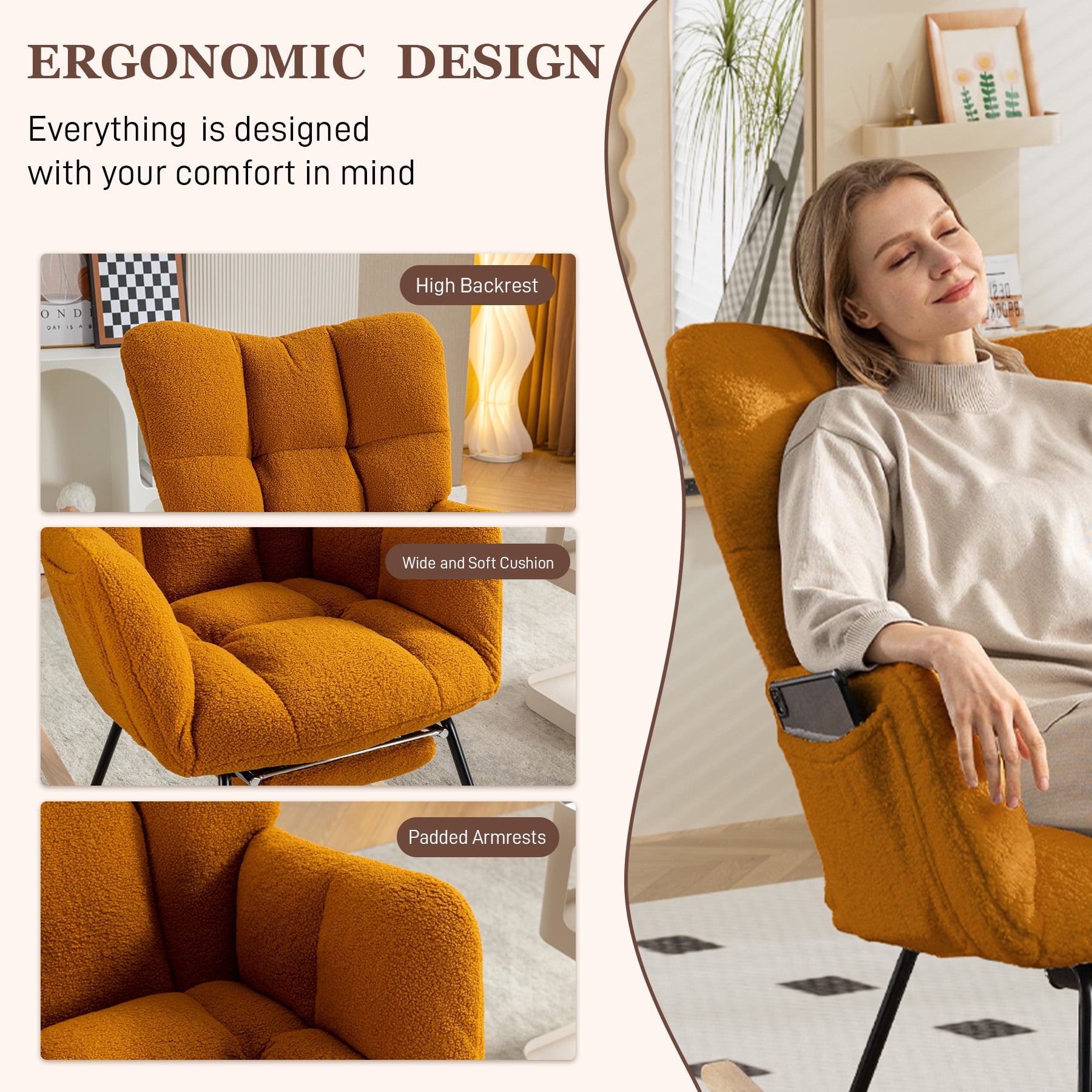 WIILAYOK Rocking Chair with Foot Rest,Teddy Upholstered Glider Chair with High Back Side Pocket Accent Rocker Arm Chair for Living Room Bedroom Office,Caramel