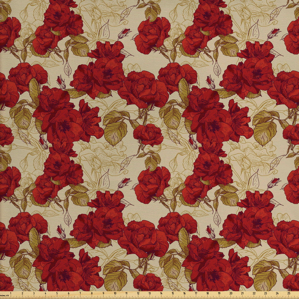 Vintage Fabric by The Yard, Romantic Red Rose Blooms with Sketches ...