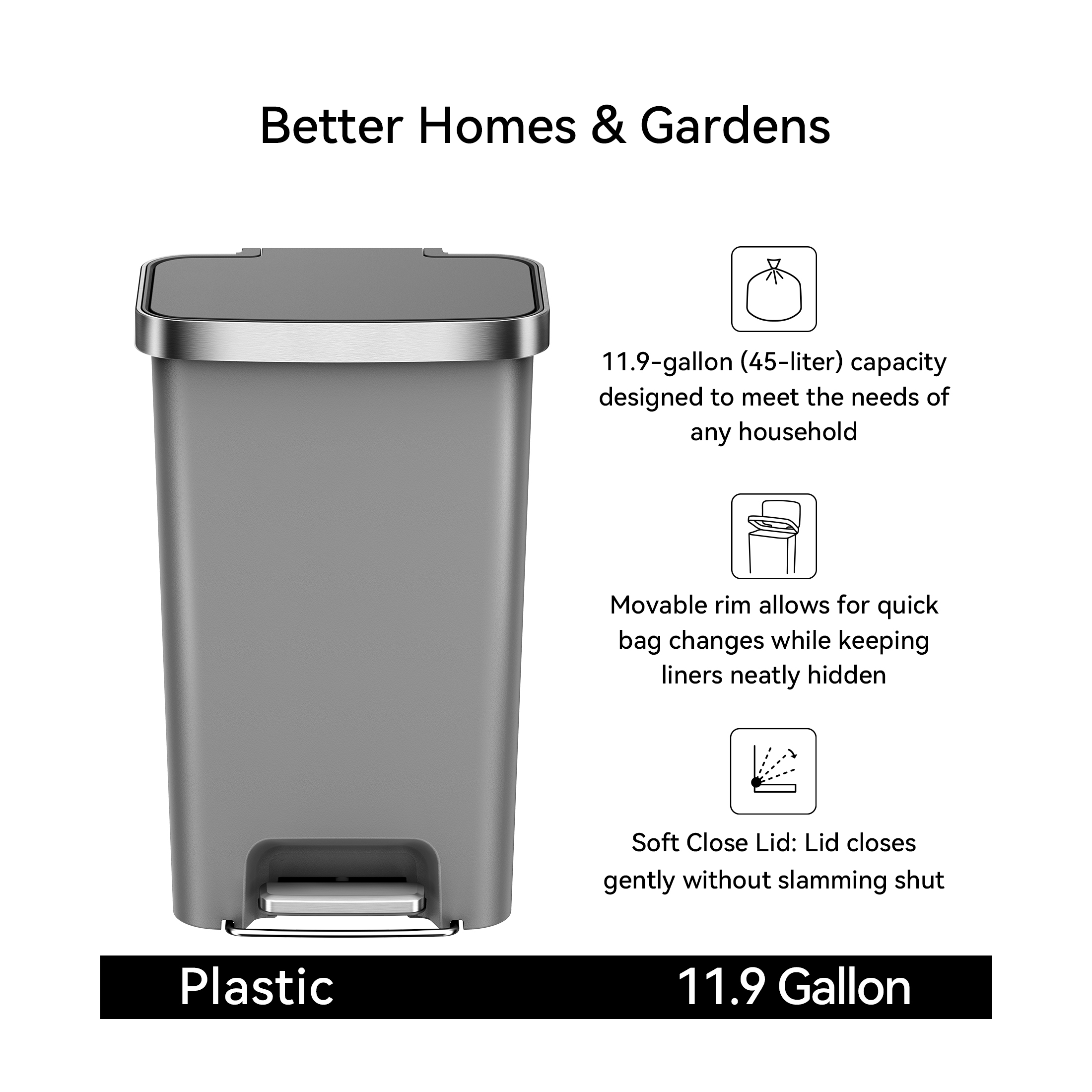 Better Homes & Gardens 11.9-Gallon Step Trash Can, Gray photo 8