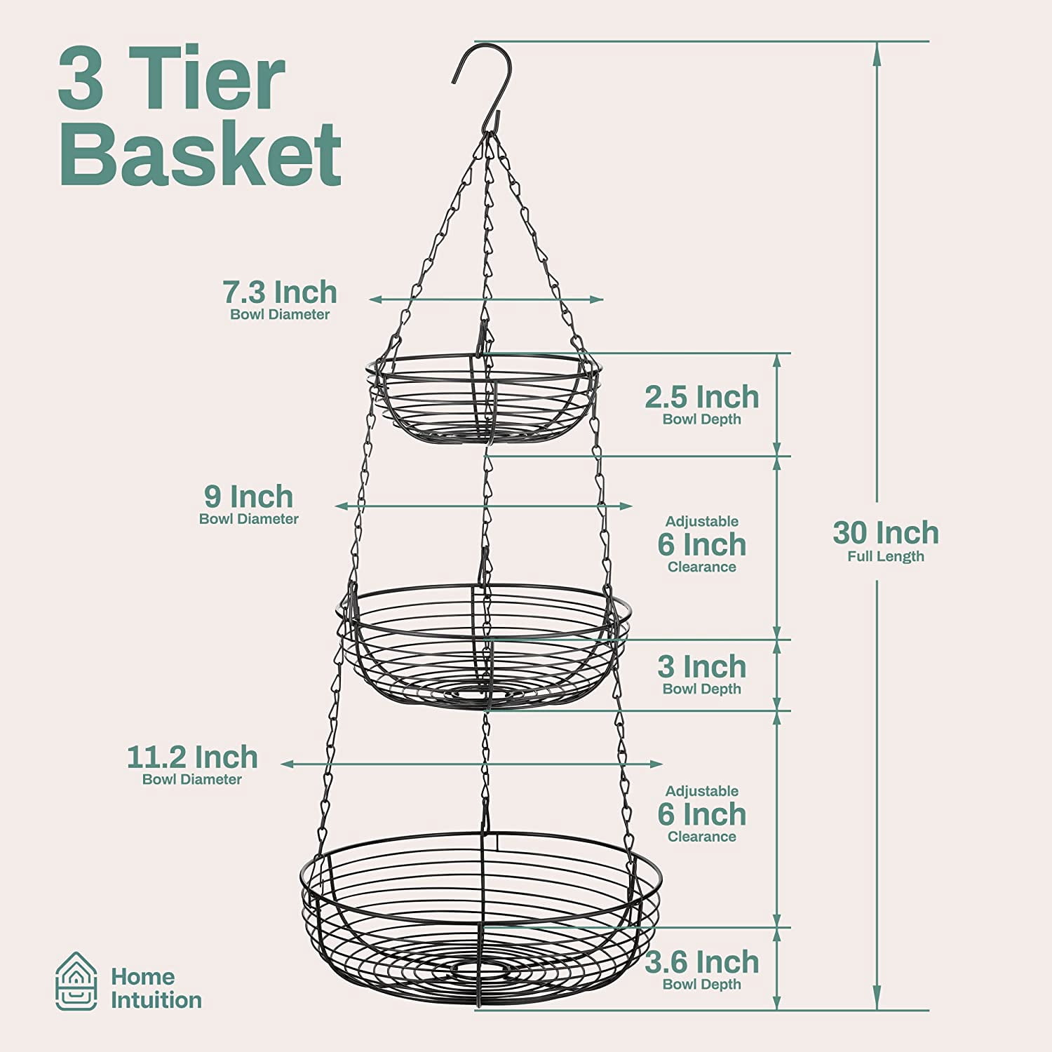 Heavy Duty 3-Tier Hanging Fruit and Vegetable Basket with 2 Metal Ceiling Hooks, Chrome