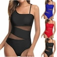 thumbnail image 6 of Xfvqtps One Piece Swimsuit for Women One Shoulder Mesh Put Together Spaghetti Strap High Cut Tummy Control Solid Color Beach Summer Bathing Suit Swimwear Black, 6 of 6