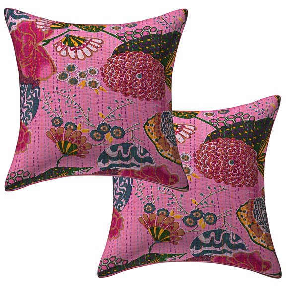 Stylo Culture Indian Decorative Throw Pillow Covers 16 x 16 Kantha Baby Pink Printed 40x40 cm Home Decor Cotton Tropicana Square Cushion Covers | Set Of 2