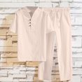thumbnail image 2 of FRSASU Men's 2 Pieces Cotton Linen Set Henley Shirt Short Sleeve and Casual Beach Pants Summer Yoga Outfits Khaki, 2 of 6