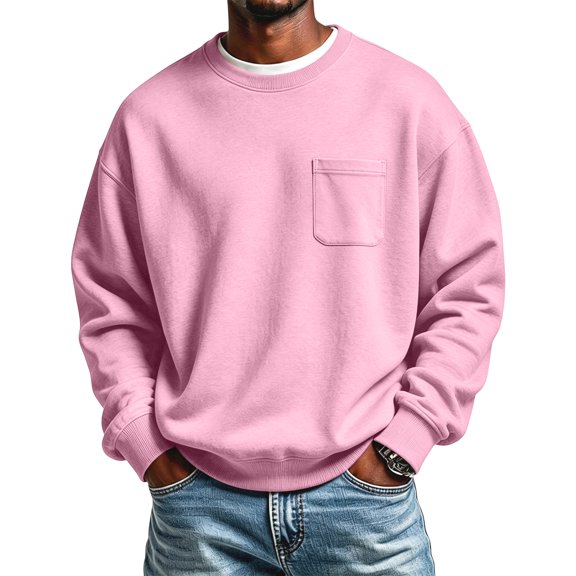 Fabrcox Mens Fleece Lined Sweatshirt Crew Neck Long Sleeve Shirts Men Streetwear Outdoor Athletic Workout Fall Winter Warm Pullover for Men with Chest Pocket Pink L