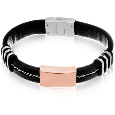 Lesa Michele Men's Stainless Steel Three-Tone ID on Black Leather Bracelet