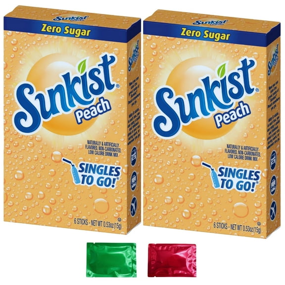 Sunkist Peach Zero Sugar Drink Mix (Pack of 2, 12 Packets) Powdered Sticks for Water Bottle, Low Calorie Instant Drinks Non Carbonated Beverages Refreshing Juice with 2 Snoep in Beperkte Oplage