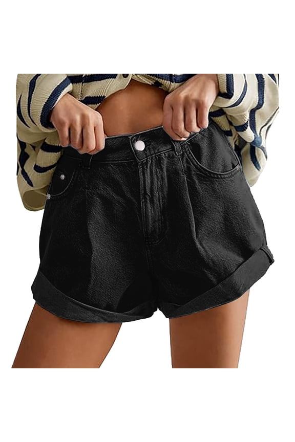 Jean Shorts Womens, Womens High Waisted Jean Shorts Casual Summer Wide Leg Rolled Denim Shorts with Pockets Womens Shorts Black L