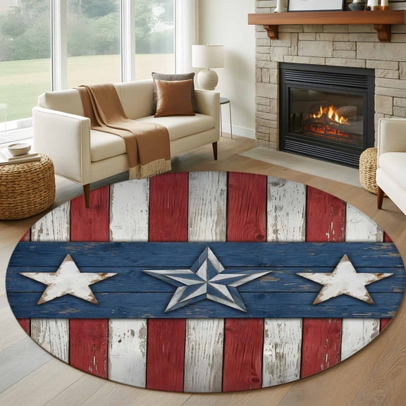 Western American Flag Round Area Rug 6Ft Washable Circle Rugs for Bathroom Office, Red White Striped Vintage Non-Slip Carpet Floor Mats Indoor Outdoor Carpet Runner Aesthetic Home Decor