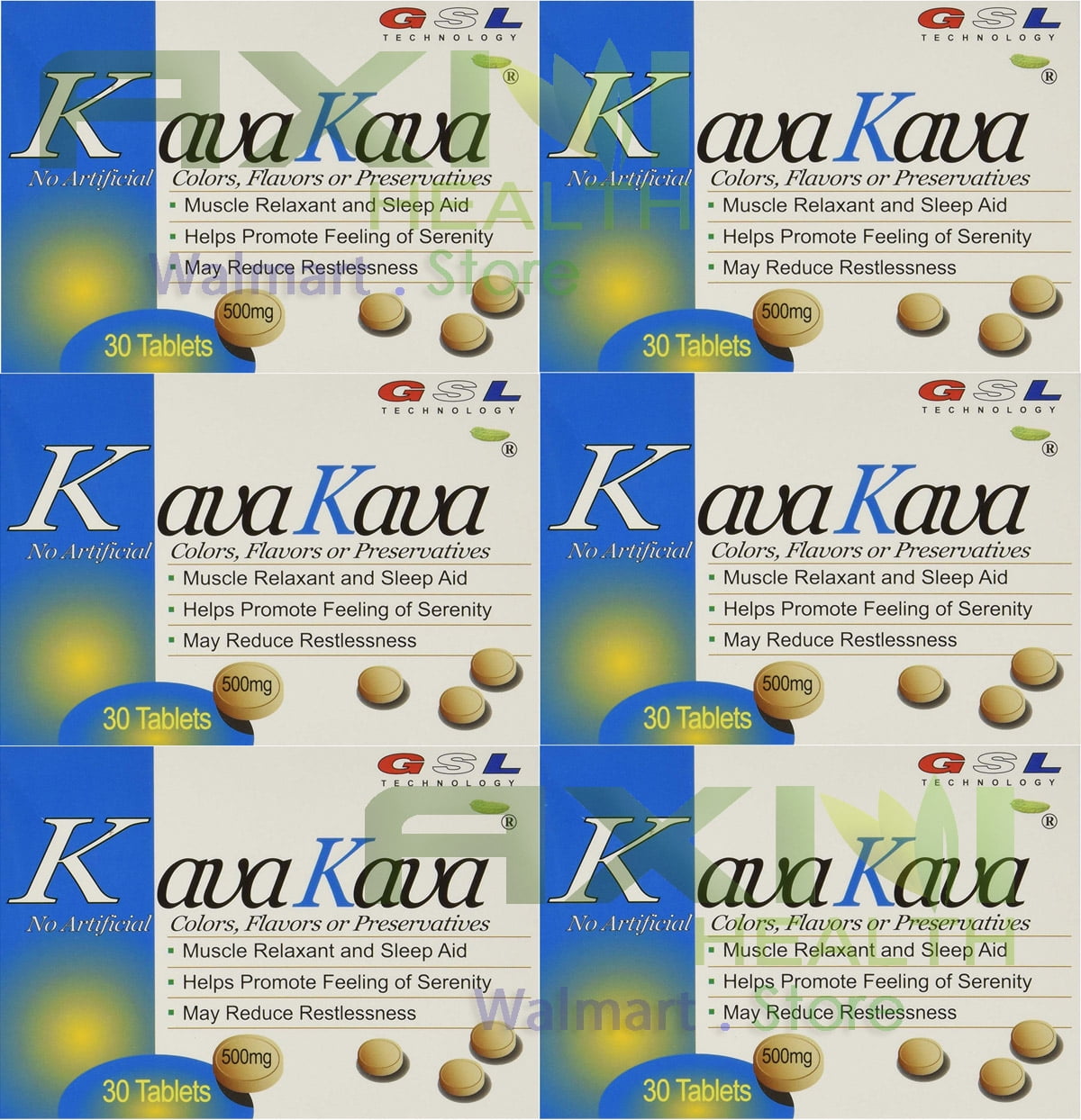 (6 Packs) GSL Kava Kava Muscle Relaxant & Sleep Aid 500 milligram/each tablet