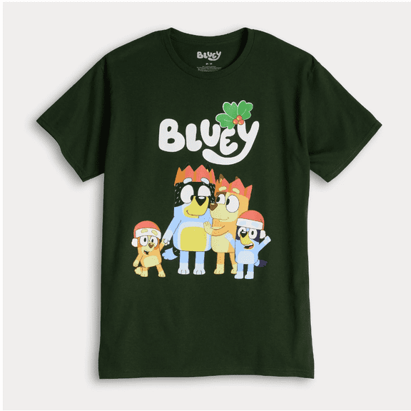 Men’s Bluey Family Christmas Graphic Tee, Short Sleeve Crewneck T-Shirt