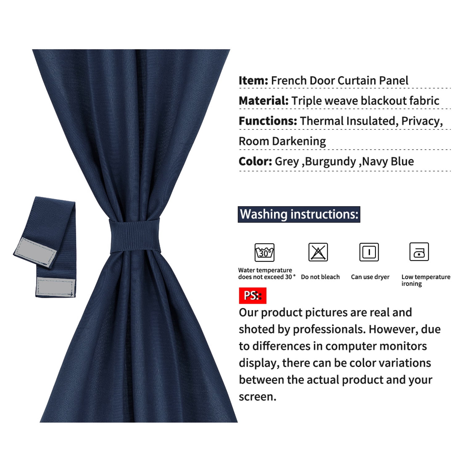 Unique Bargains French Door Window Blackout Curtain Panel Navy Blue 25" x 40"