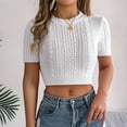 thumbnail image 2 of Olyvenn Womens Cable Knitted Crop Tee Shirts Casual Summer Short Sleeve Sweater Tops Comfy Crew Neck Cute Blouse White S, 2 of 8