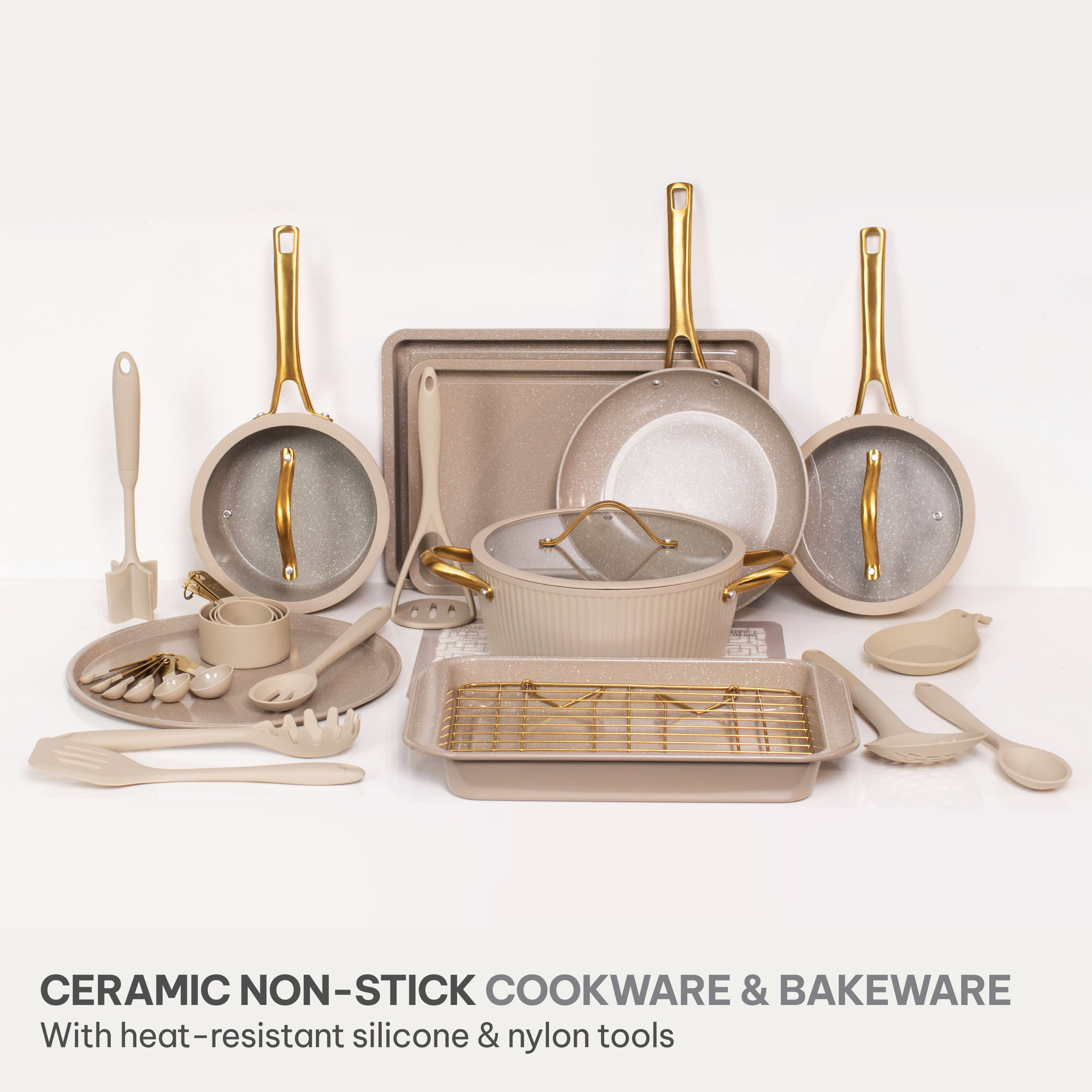 Thyme & Table 32-Piece Non-Stick Cookware & Bakeware Set, Taupe