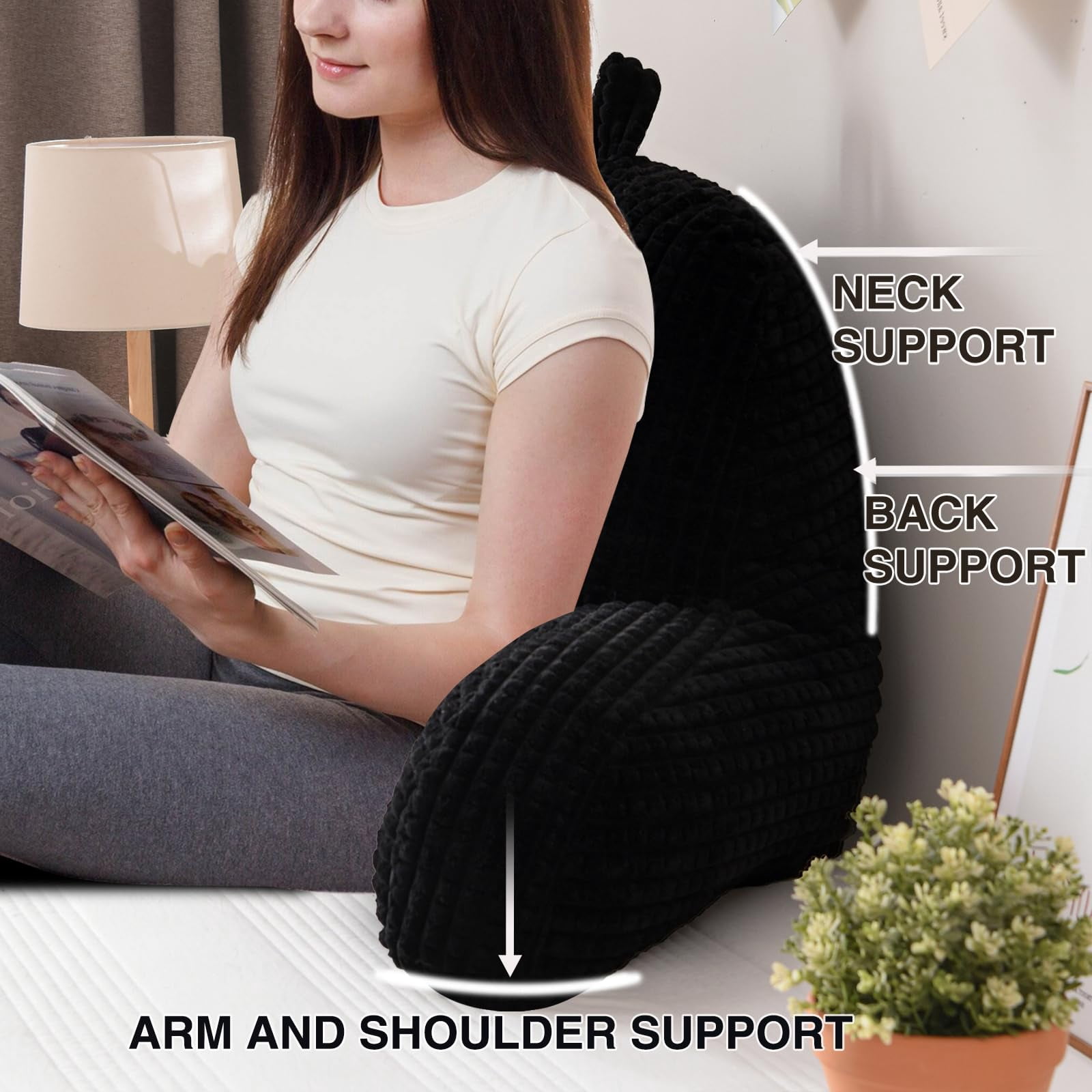Comfortable Night Reading Pillow Bed Wedge Large Backrest with Arms for Sitting Up in Bed or Couch, Support Cushion for Lounging, Waffle Texture, Dark Grey