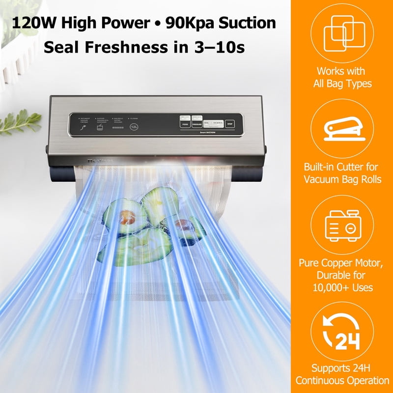 TINKLE WELL 6-in-1 Compact Vacuum Sealer Machine, Food Preservation System with Dry & Moist Modes, Includes 2 Bag Rolls + 5 Pre-Cut Bags, Cutter & ETL Listed, Sliver