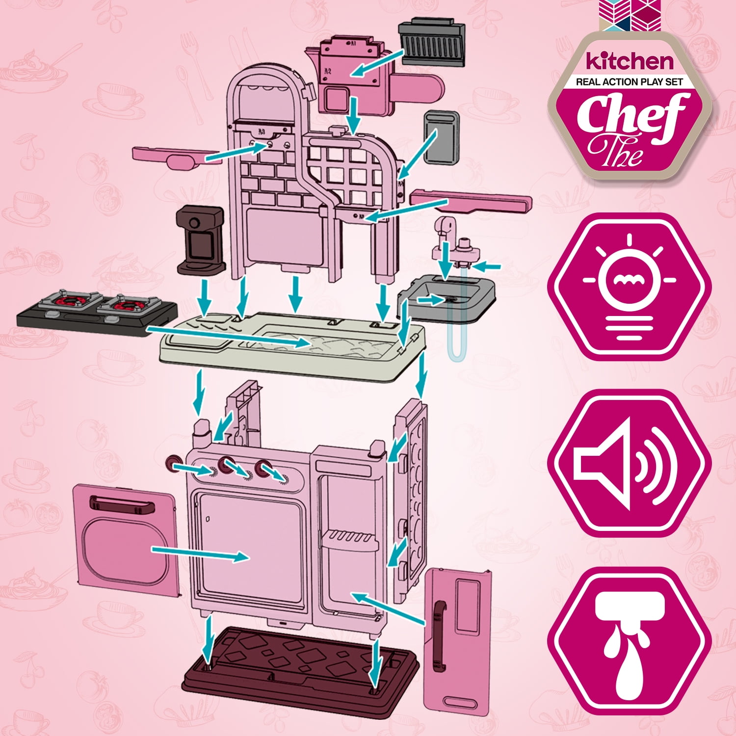 Hot Bee 34 inch Play Kitchen Toy Sets for Girls, Cooking Stove, Play Sink, Oven w/ Realistic Lights&Sounds, Birthday Christmas Toys Gift for Toddlers Girls Boys 3 4 5 6+