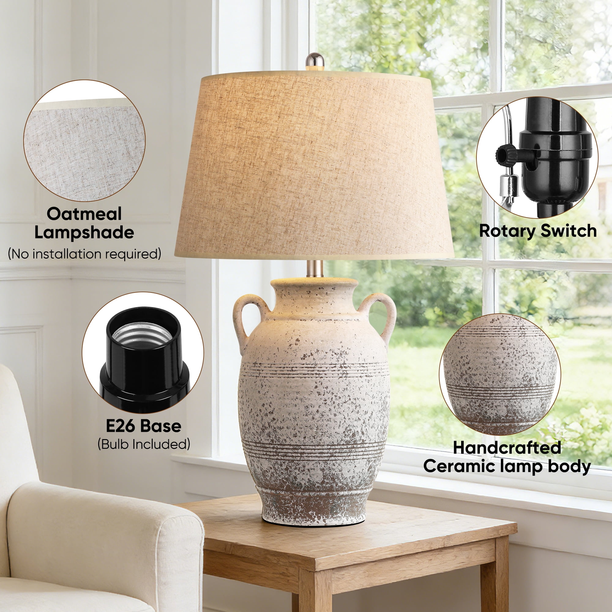 26in Farmhouse Ceramic Table Lamp, 3-Way Dimmable Bulb Included, Rustic Bedside Light for Bedroom Living Room