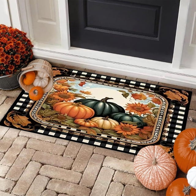 Felpudo de Bienvenida con Calabaza y Hoja de Arce para Acción de Gracias | Alfombra Antideslizante de 50X80Cm, Multicolor, Poliéster, Decoración para El Hogar