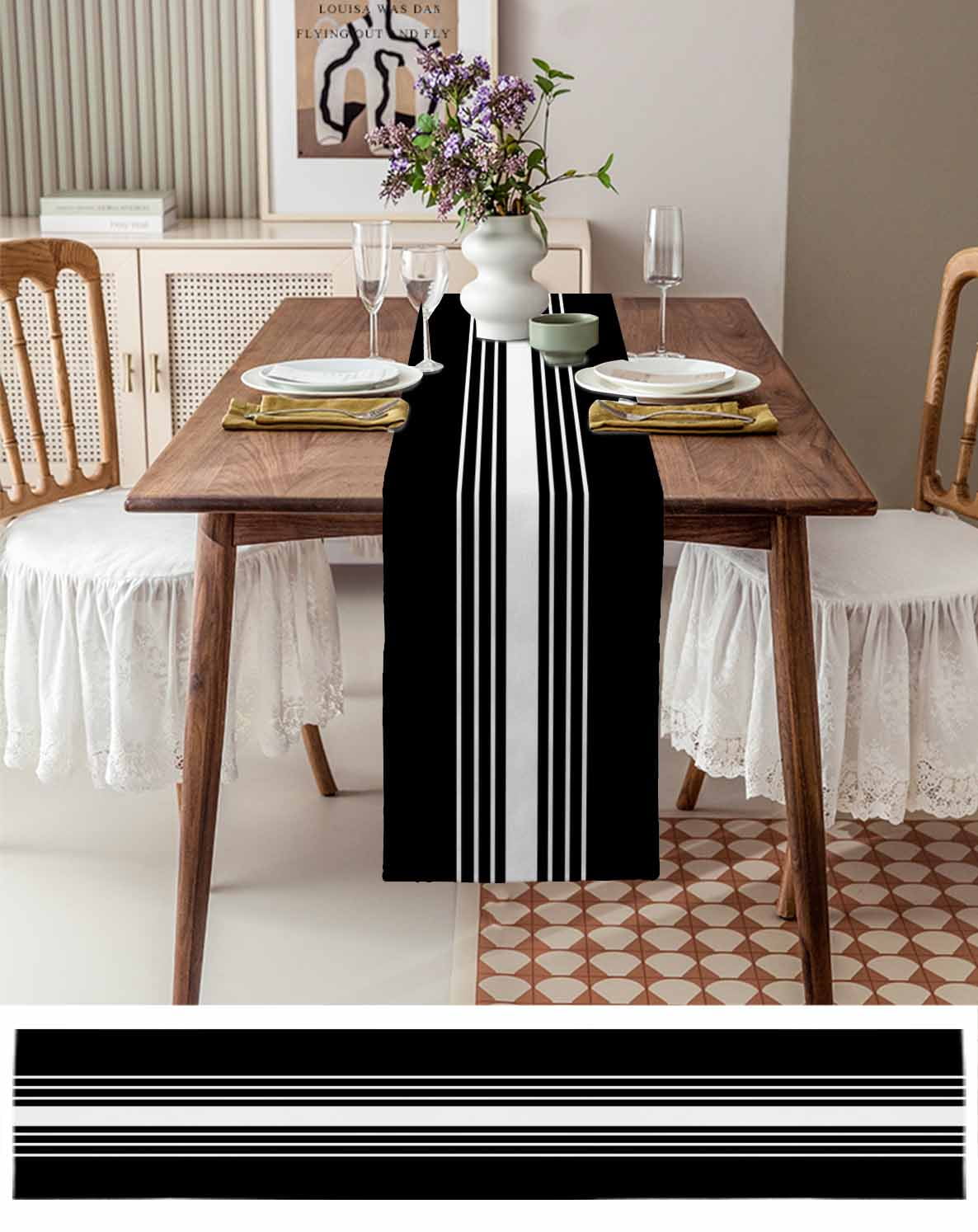 Modern Black White Striped Table Runner-70 Inch Long Abstract Minimalist Art Table Runners Linen Burlap Tablerunner for Kitchen Dining Room Holiday Party