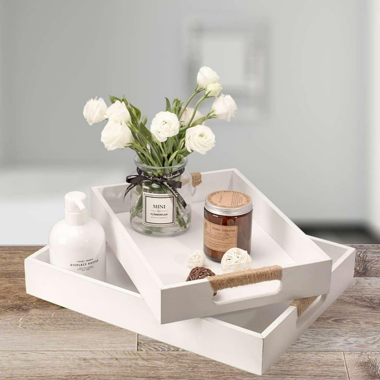 HAPOO White Wooden Serving Tray Decorative Tray Coffee Table Tray Rectangle Nesting Food Trays with Handles Set of 2