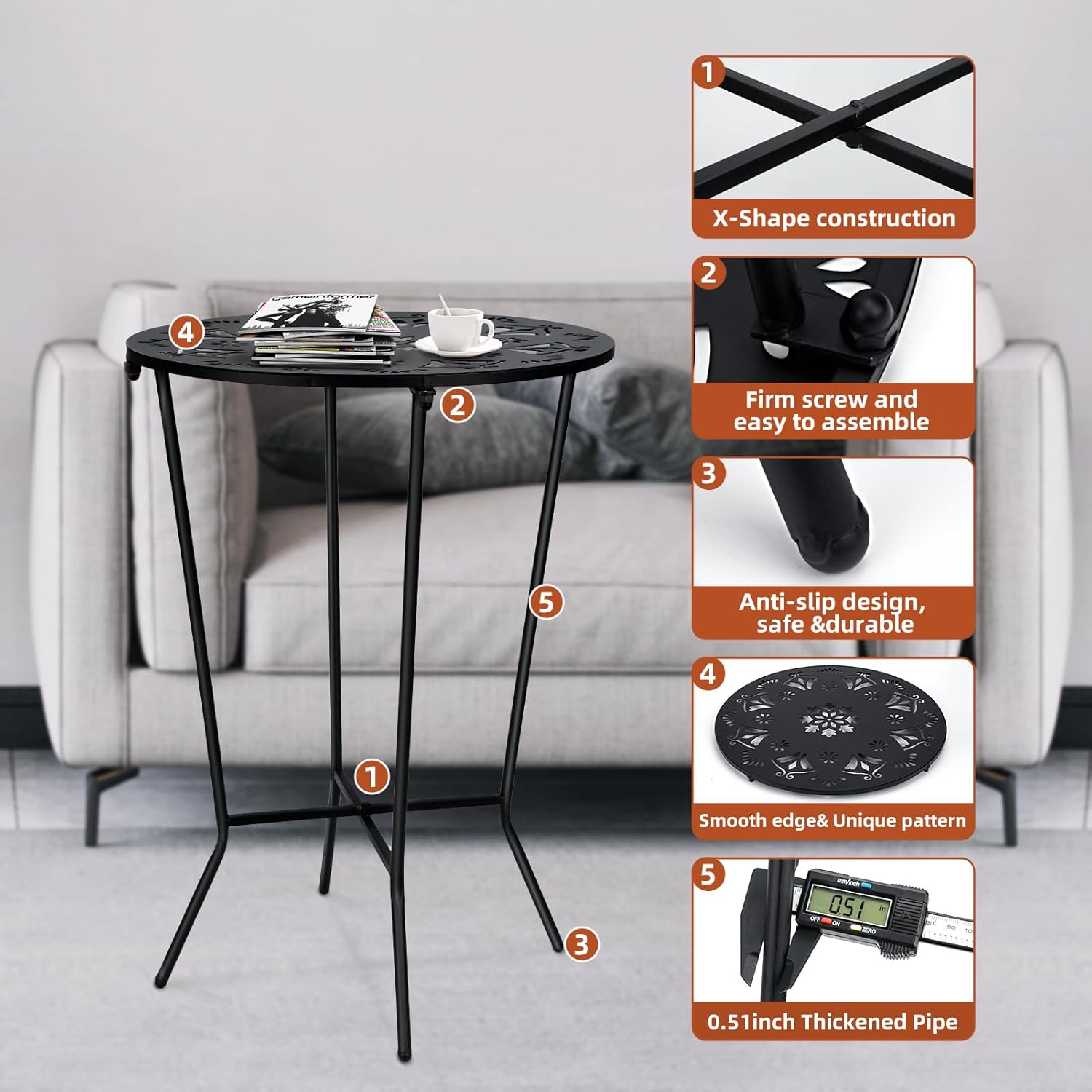 KABB Tall Durable Rustproof Iron Side Table, Weather Resistant Outdoor End Table for Garden, Balcony, Yard