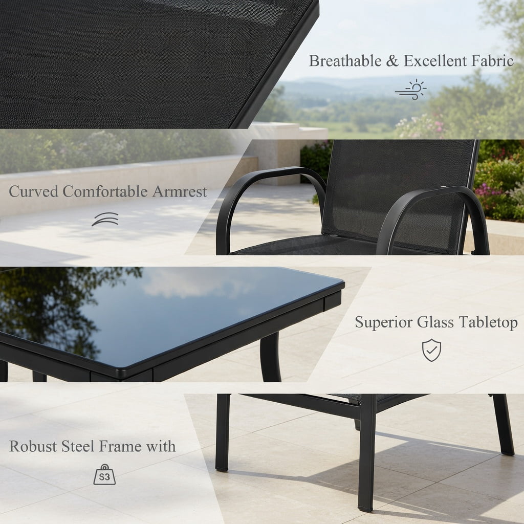 Hommoo 4-Piece Modern Outdoor Patio Furniture Set, Steel Frame Loveseat, Two Single Sofas & Tempered Glass Top Coffee Table for Backyard, Deck or Balcony, Black