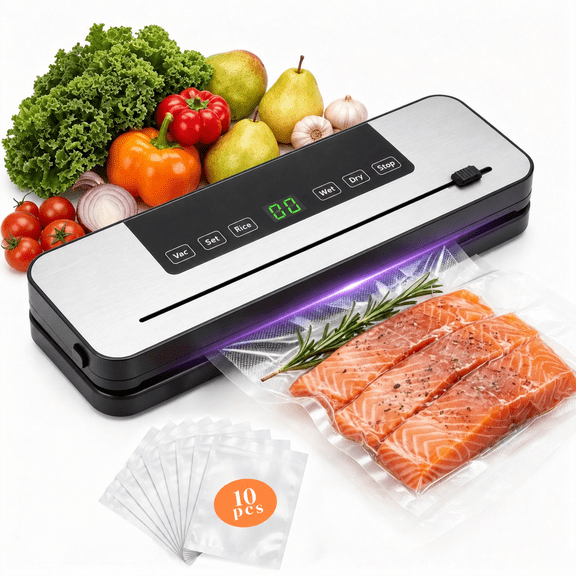 Food Vacuum Sealer Machine, 8-in-1 Multifunction, 10s Fast Sealing for Dry & Moist Food, Compact Design with Built-in Cutter & 10 Vacuum Bags,White