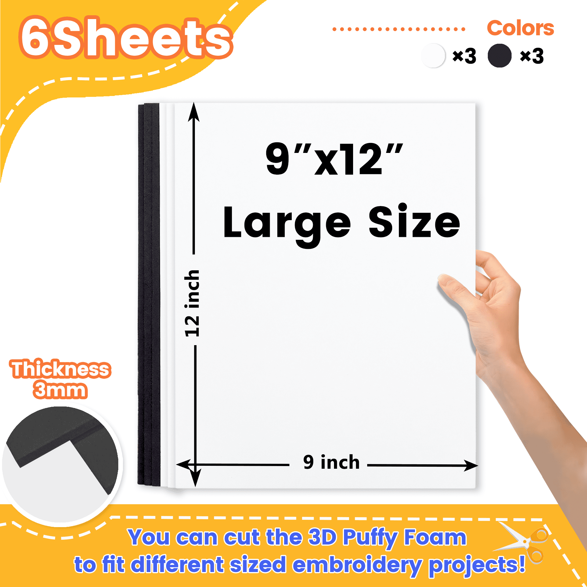 New brothread - 3white and 3black | 6-Pack Embroidery Puff Foam Sheets 9"x12" | 3MM Thick for 3D Raised Embroidery on Hats, Apparel, Jackets, Bags & Accessories | Assorted Colors