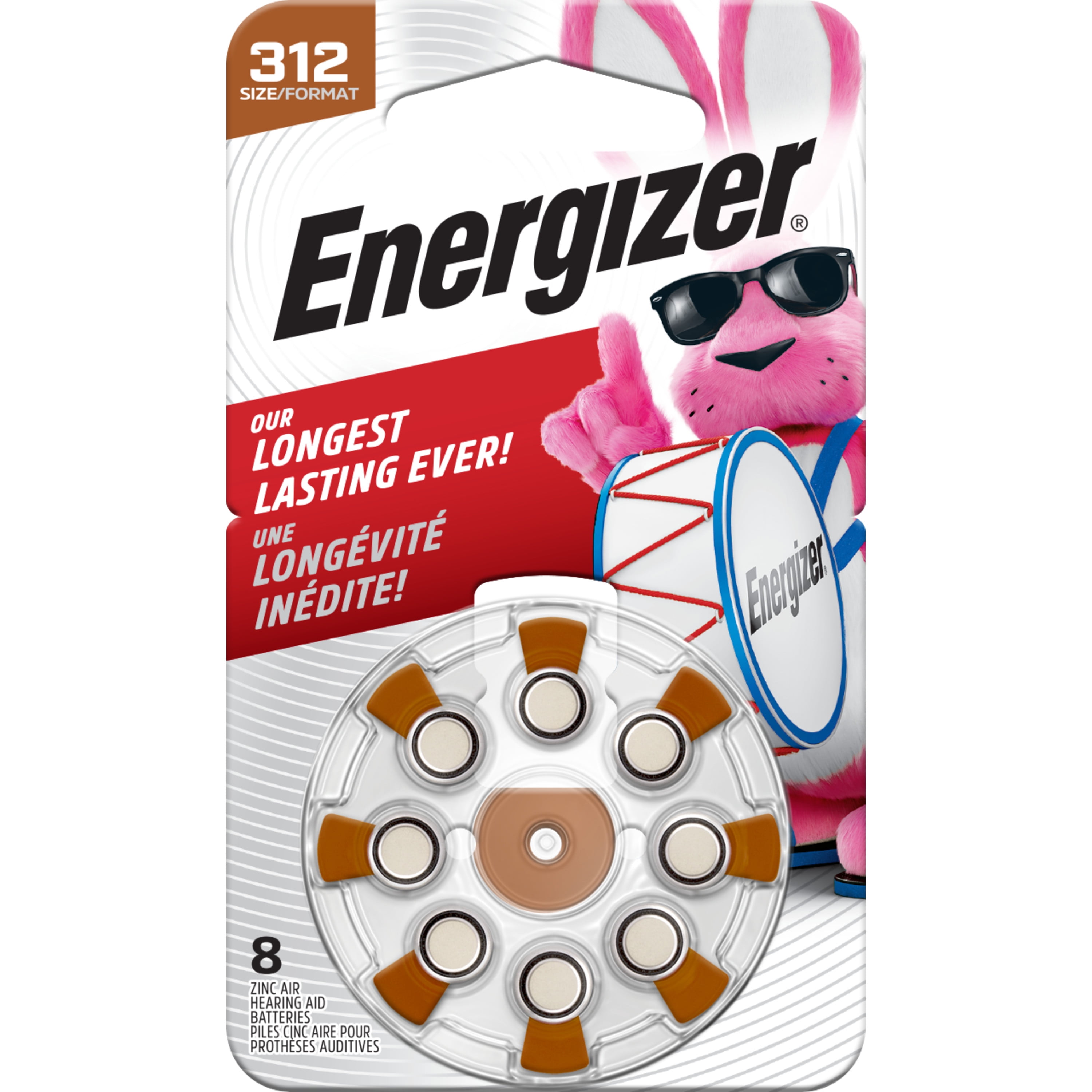 Energizer Hearing Aid Batteries Size 312, Brown Tab, 8 Pack