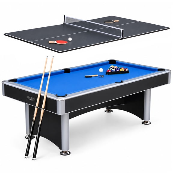 Hathaway Maverick II 7-ft Pool and Ping Pong Combo Table - 2 in 1 Game Table with Removable Table Tennis Top - Complete Accessory Kit - Chrome-Plated Corners, Black Finish, Blue Felt