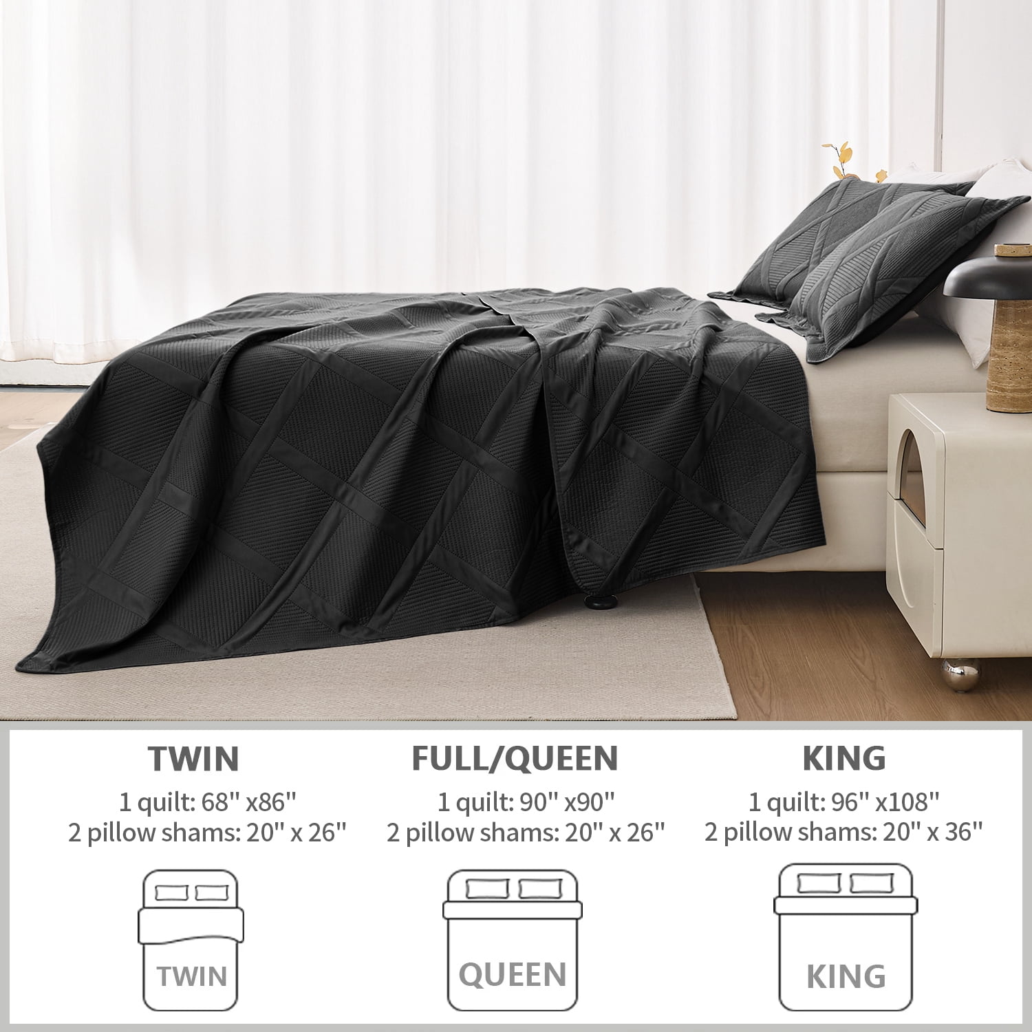 Beartech Quilt Set Twin Size Black Bedspread Coverlet Microfiber Bedding Lightweight Reversible Set