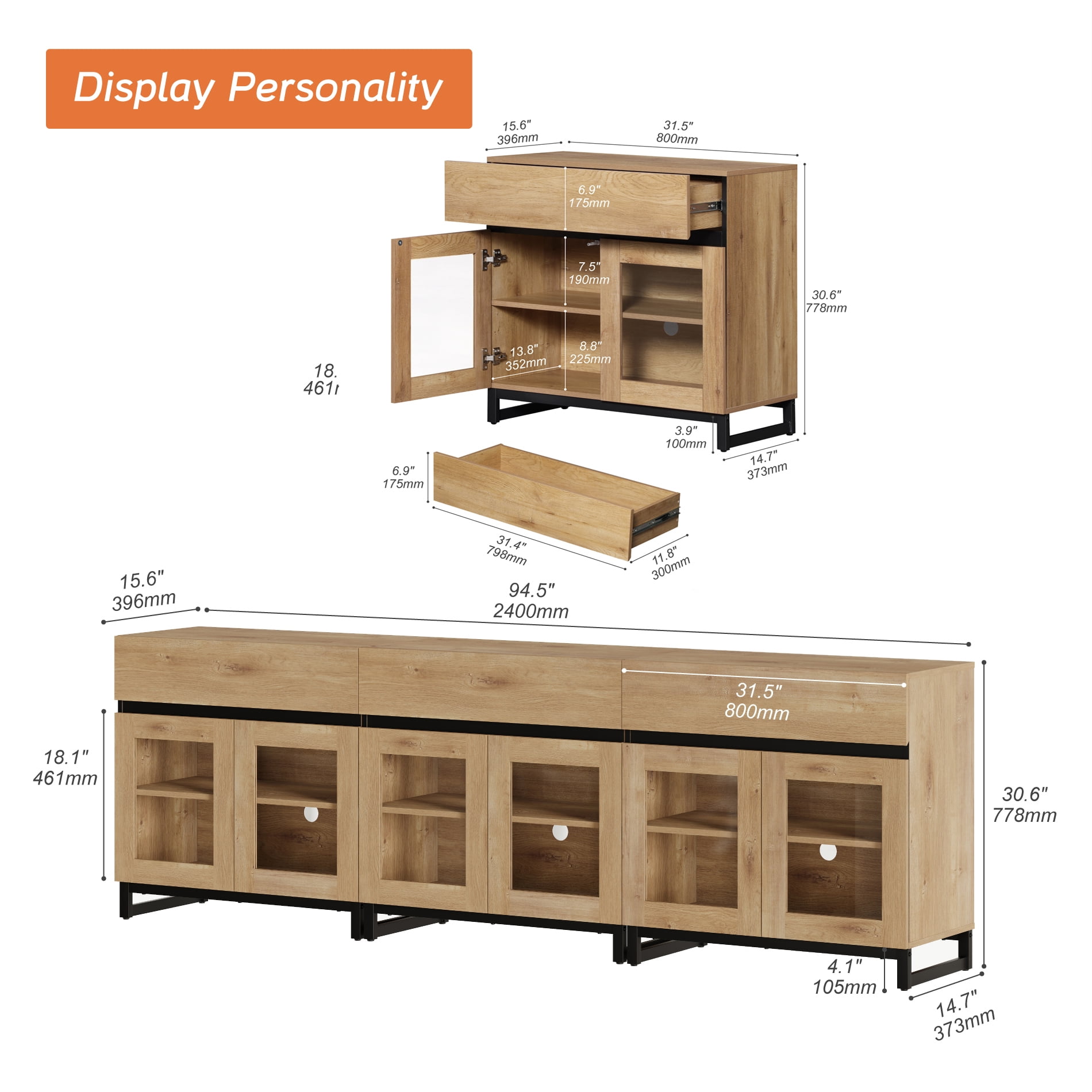 Modern Sideboard Buffet Cabinet with Glass Doors and Adjustable Shelf Coffee Bar Storage Cabinet for Living Room Kitchen,Oak