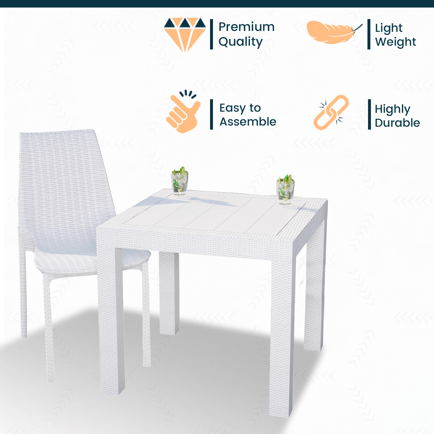 LeisureMod Kent Mid-Century Modern Weave Design 2-Piece Outdoor Patio Dining Set with Plastic Square Table and 2 Stackable Chairs for Patio, Poolside, and Backyard Garden (White) - image 4 of 18