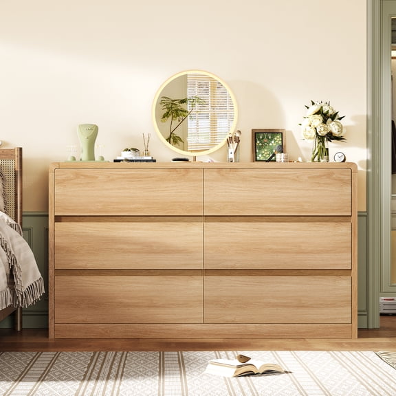 TEENFON 55" Dresser with 6 Drawers, Dressers & Chests of Drawers with Curved Profile Design, Bedroom Dressers, Wood Dressers for Bedroom, Hallway, Natural