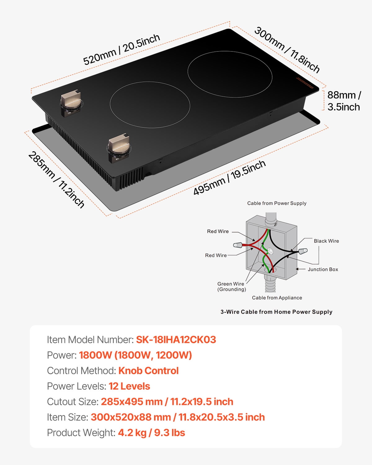 KFFKFF Induction Stove, 1800W Electric Tabletop Heater, Dual Knob-Controlled Burner, Integrated Induction Stove with 12 Heat Levels, Glass Top, Automatic Power-Off