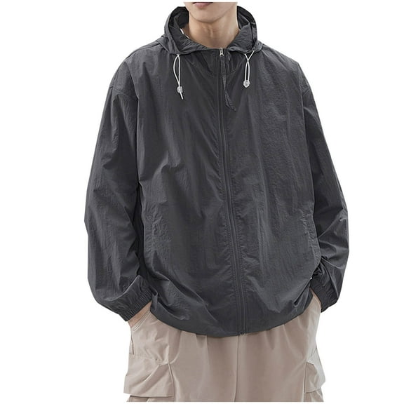 Wyobmus Mens Long Sleeve Hooded Jackets Sun Protection Clothing Solid Color Hooded Trendy Ice Silk Breathable Lightweight Jacket Dark Gray