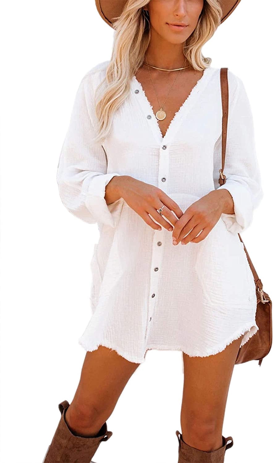 Borke Women's Long Sleeve Button Down Tunic Dresses with Pockets -  Walmart.com