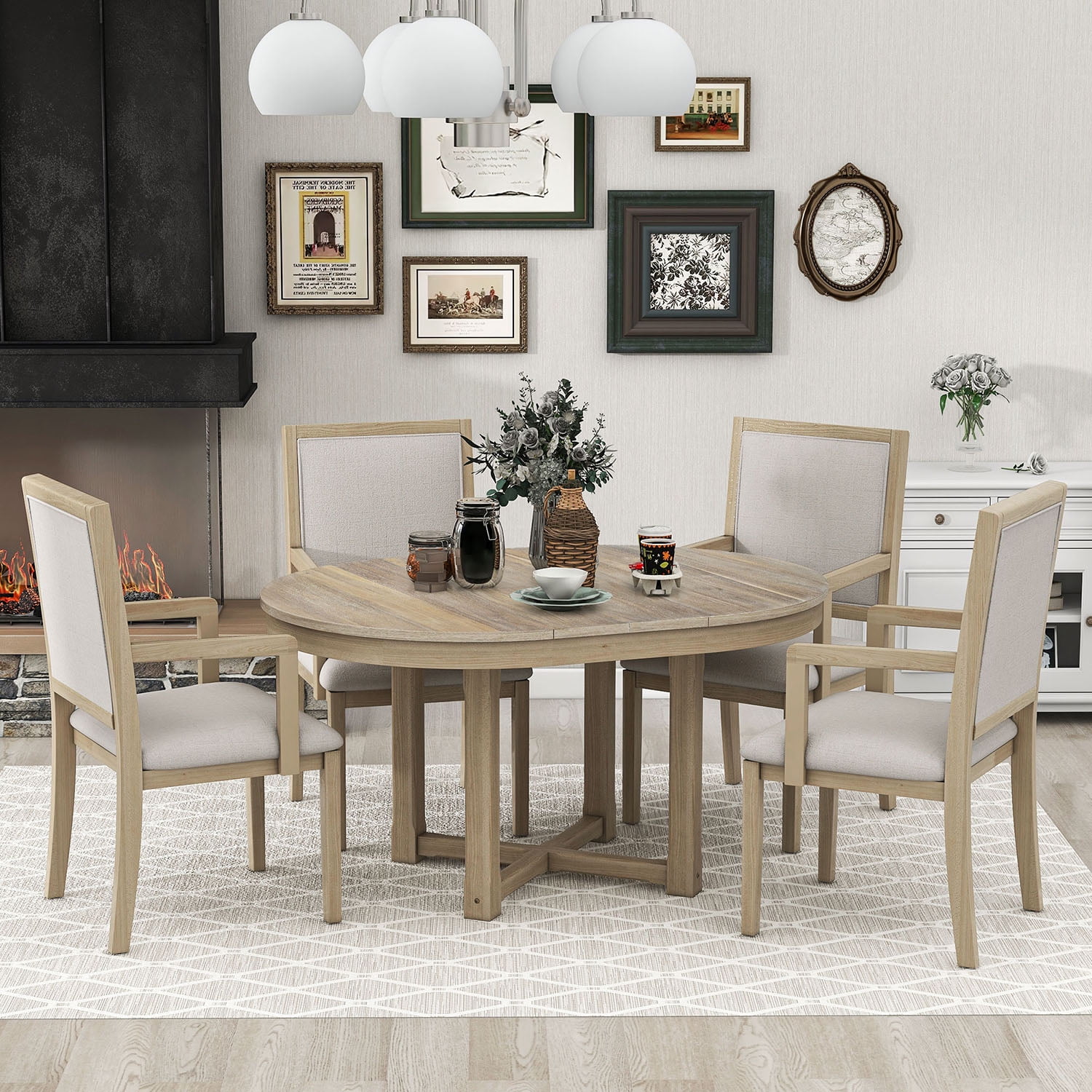 Kepooman 5 Piece Dining Room Table Set for Home, 4 Upholstered Dining Chairs with Armrests, Extendable Butterfly Leaf Wood Dining Table, Natural Kepooman 5 Piece Dining Room Table Set for Home, 4 Upholstered Dining Chairs with Armrests, Extendable Butterfly Leaf Wood Dining Table, Natural