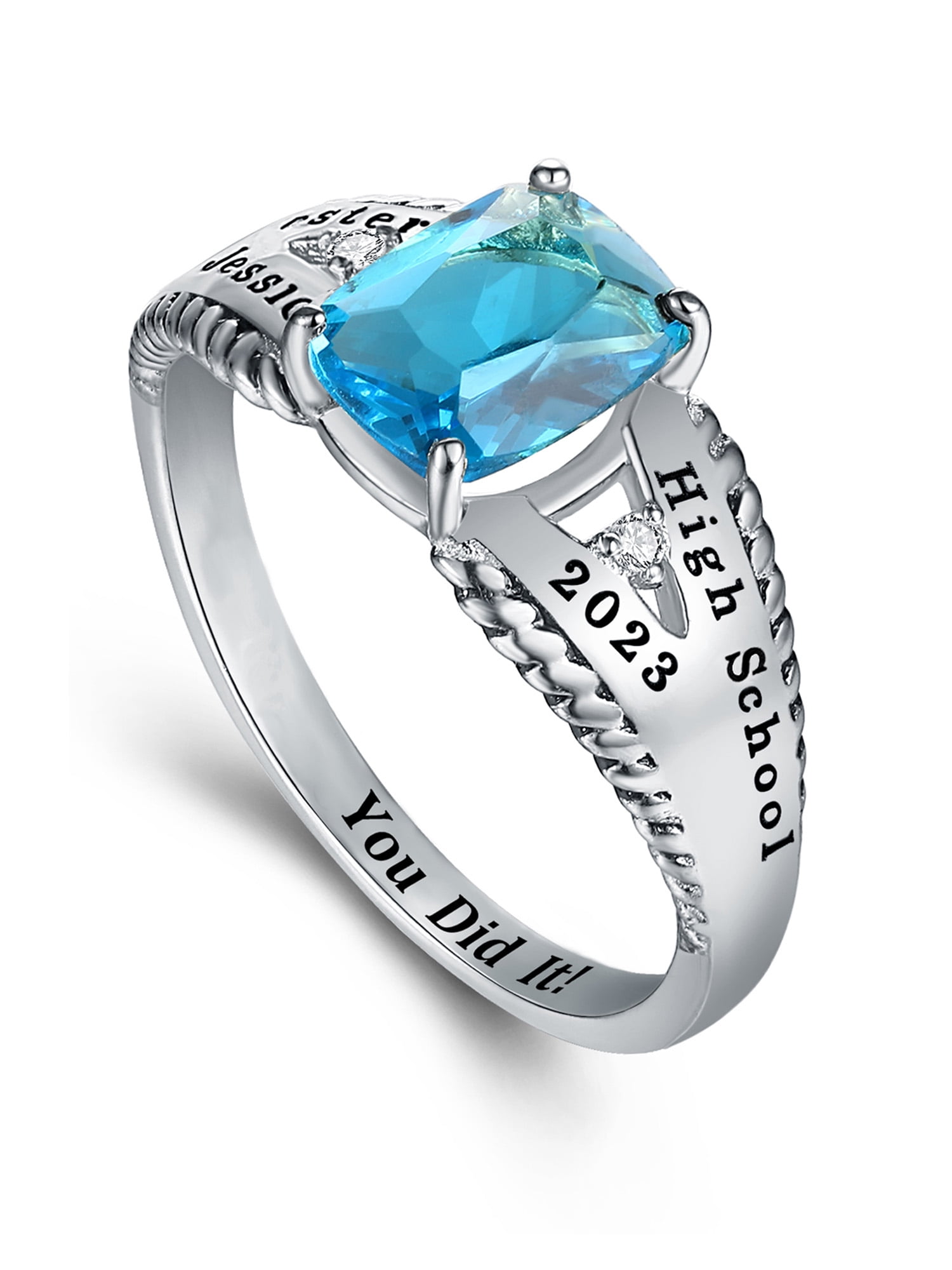 Mementos USA Custom Women's Class Rings Sterling Silver for High School or College-Rhodium Plated