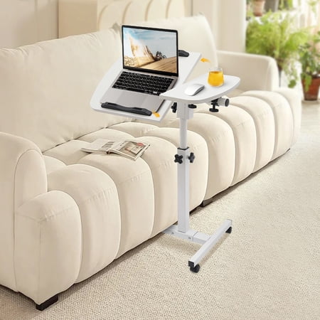 Mobile Laptop Stand with Tabletop Adjustable Rolling Computer Desk White Laptop Cart with Wheels Height and Tilt Adjustable Side Tray for Mouse 360° Swivel